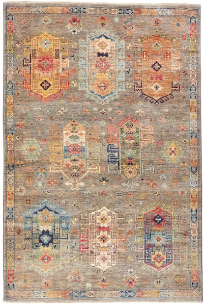 Tappeto Tribal Pakistan Astratto Grigio Motivi Colorati 122x181 Cm