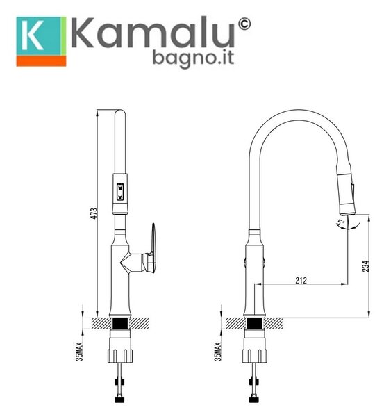 Miscelatore cucina a canna alta con doccetta estraibile | Kam-020 - KAMALU