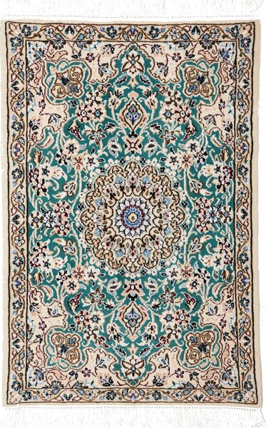 Tappeto Nain 9la Persia Medaglione Verde Acqua Crema 60x90 Cm