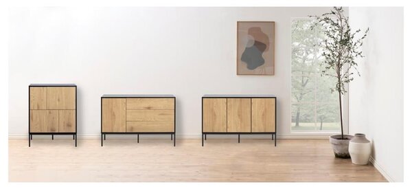 Cassettiera alta nera-color legno naturale effetto rovere 80x103 cm Seaford - Actona