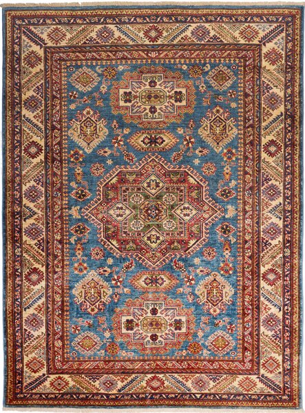 Tappeto Kazak Fine Pakistan Medaglione Blu Rosso 153x208 Cm