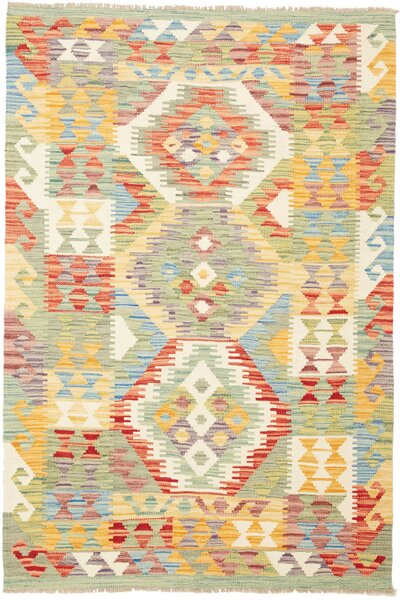 Tappeto Kilim Afghanistan Astratto Multicolore Su Verde 103x154 Cm