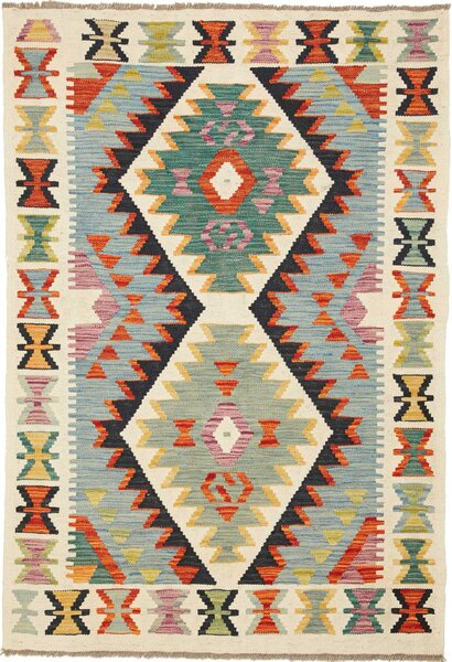 Tappeto Kilim Afghanistan Geometrico Crema Azzurro 103x148 Cm