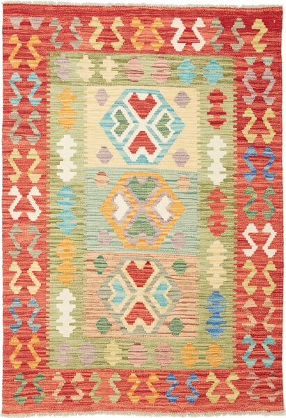 Tappeto Kilim Afghanistan Astratto Rosso Multicolore Vivace 102x148 Cm