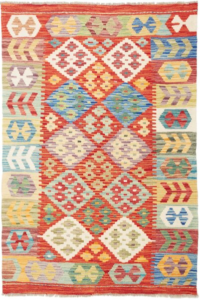 Tappeto Kilim Afghanistan Geometrico Rosso Multicolore 98x145 Cm