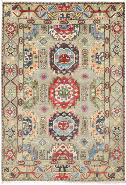 Tappeto Kazak Afghanistan Geometrico Grigio Rosso 122x178 Cm