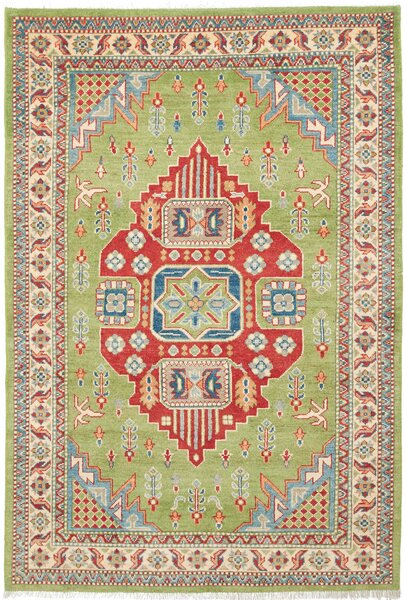 Tappeto Kazak Afghanistan Medaglione Verde Rosso 124x185 Cm