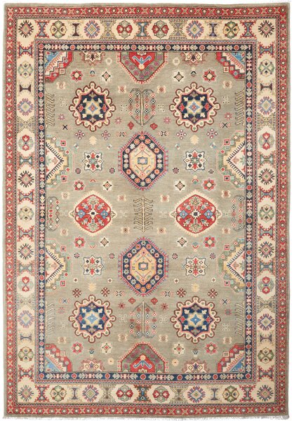 Tappeto Kazak Afghanistan Geometrico Verde Salvia Rosso 206x299 Cm