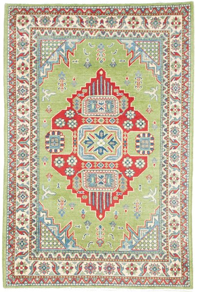 Tappeto Kazak Afghanistan Medaglione Verde Lime Rosso 96x147 Cm