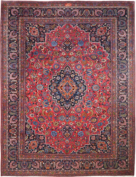 Tappeto Mashad Persia Medaglione Rosso Blu Scuro 302x384 Cm