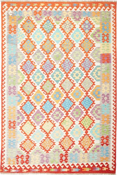 Tappeto Kilim Afghanistan Astratto Arancione Celeste 203x298 Cm