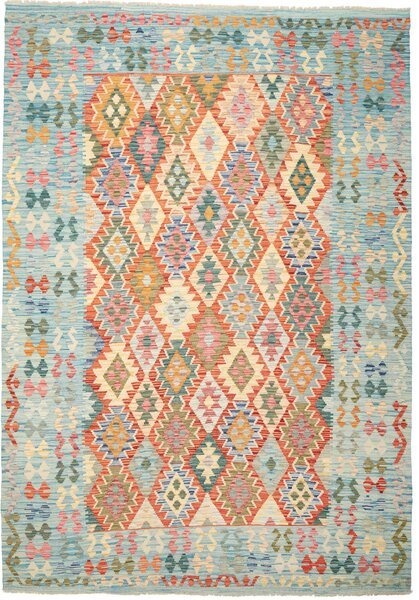 Tappeto Kilim Afghanistan Geometrico Azzurro Multicolore 209x299 Cm