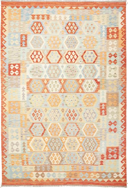 Tappeto Kilim Afghanistan Geometrico Azzurro Arancione Crema 206x300 Cm