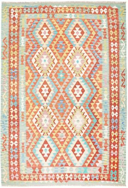 Tappeto Kilim Afghanistan Geometrico Terracotta Azzurro 205x299 Cm