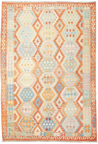 Tappeto Kilim Afghanistan Geometrico Arancio Azzurro Crema 209x302 Cm