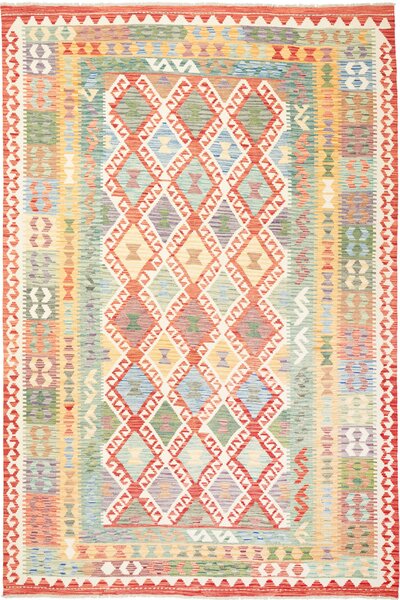 Tappeto Kilim Afghanistan Geometrico Multicolore Rosso 199x298 Cm