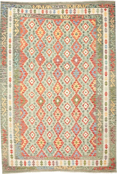 Tappeto Kilim Afghanistan Geometrico Verde Acqua Terracotta 202x294 Cm
