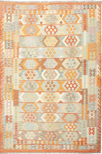 Tappeto Kilim Afghanistan Astratto Arancione Celeste 197x293 Cm