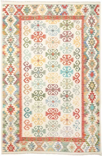 Tappeto Kilim Afghanistan Geometrico Crema Multicolore 201x302 Cm
