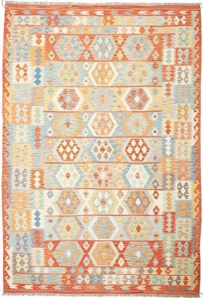 Tappeto Kilim Afghanistan Geometrico Arancio Azzurro 203x294 Cm