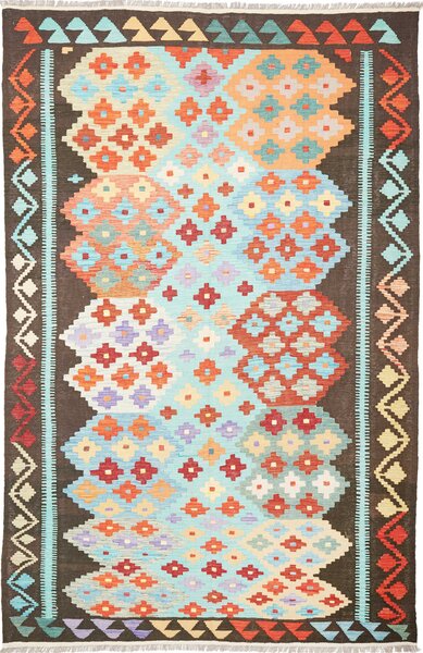Tappeto Kilim Afghanistan Astratto Marrone Celeste 200x306 Cm