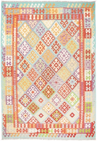 Tappeto Kilim Afghanistan Geometrico Azzurro Arancione 205x297 Cm