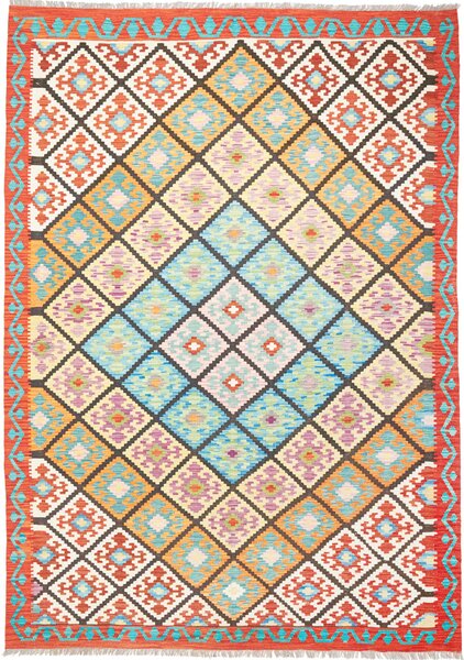 Tappeto Kilim Afghanistan Geometrico Arancio Azzurro 208x293 Cm