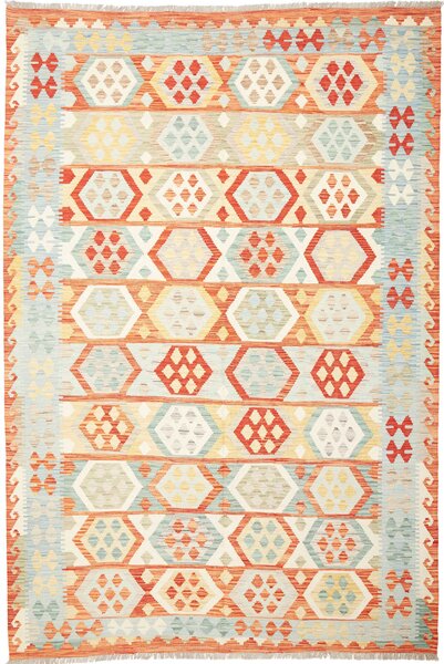 Tappeto Kilim Afghanistan Geometrico Arancio Azzurro 197x291 Cm