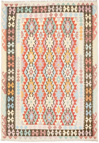 Tappeto Kilim Afghanistan Geometrico Multicolore Beige 203x293 Cm