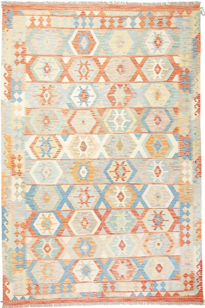 Tappeto Kilim Afghanistan Geometrico Azzurro Arancione 197x293 Cm