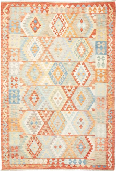 Tappeto Kilim Afghanistan Geometrico Arancione Azzurro 197x290 Cm