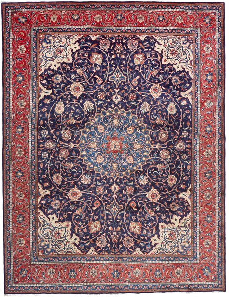 Tappeto Sarough Persia Medaglione Blu Notte Rosso 300x395 Cm