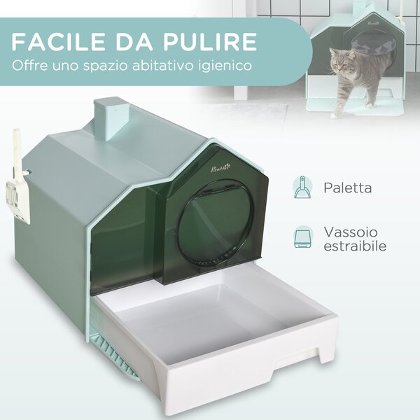 PawHut Lettiera per Gatti Chiusa con Vassoio Estraibile, Tappetino e Paletta, 47x45x42cm, Azzurro|Aosom