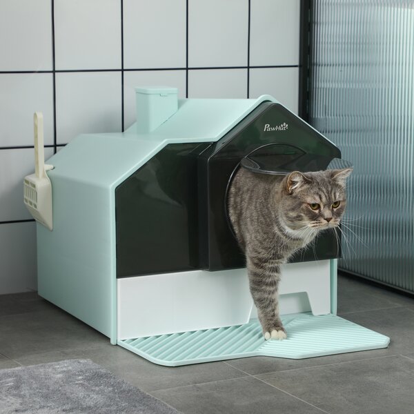 PawHut Lettiera per Gatti Chiusa con Vassoio Estraibile, Tappetino e Paletta, 47x45x42cm, Azzurro|Aosom