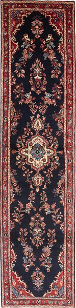 Tappeto Hamadan Persia Medaglione Blu Notte Rosso 96x410 Cm