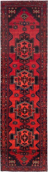 Tappeto Hamadan Persia Astratto Rosso Blu Notte 104x395 Cm