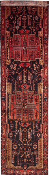 Tappeto Hamadan Persia Astratto Nero Rosso 120x460 Cm