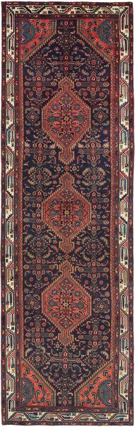 Tappeto Hamadan Persia Floreale Blu Rosso Mattone 110x360 Cm
