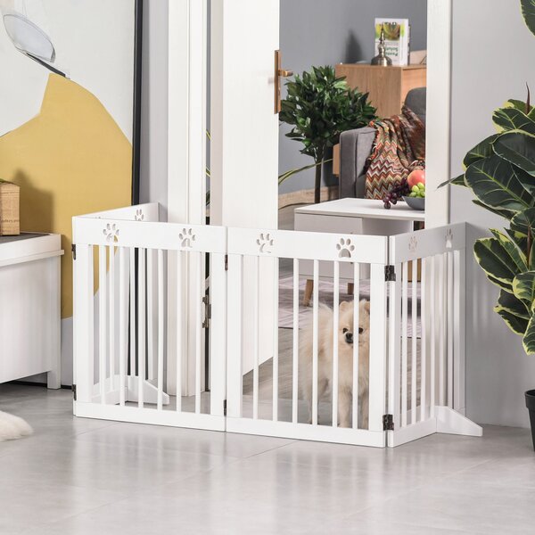 PawHut Cancelletto di Sicurezza Pieghevole per Cani 4 Sezioni in Legno di Pino Resistente e Facile da Montare 204x30x61cm Bianco|Aosom