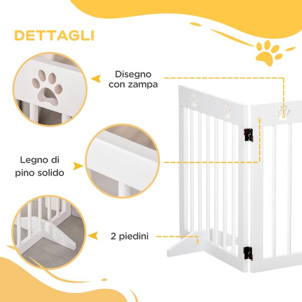 PawHut Cancelletto di Sicurezza Pieghevole per Cani 4 Sezioni in Legno di Pino Resistente e Facile da Montare 204x30x61cm Bianco|Aosom
