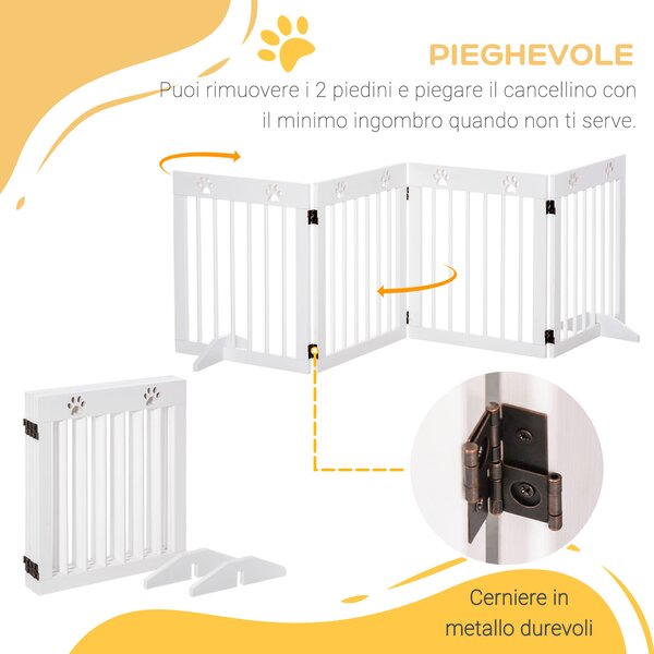 PawHut Cancelletto di Sicurezza Pieghevole per Cani 4 Sezioni in Legno di Pino Resistente e Facile da Montare 204x30x61cm Bianco|Aosom