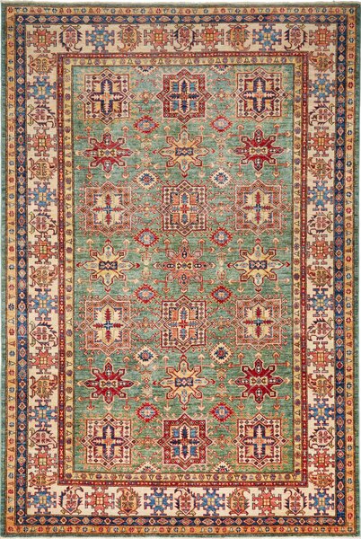 Tappeto Kazak Fine Pakistan Geometrico Verde Acqua Rosso 207x306 Cm