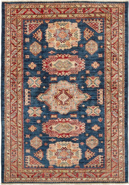 Tappeto Kazak Fine Pakistan Geometrico Blu Rosso Crema 124x175 Cm