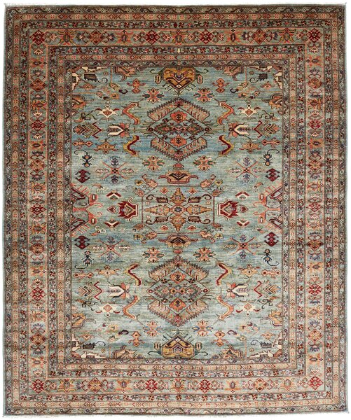 Tappeto Kazak Fine Pakistan Geometrico Celeste Rosso 248x296 Cm