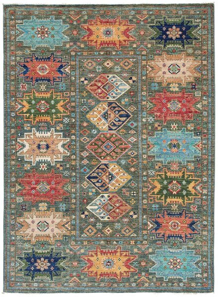 Tappeto Tribal Pakistan Astratto Verde Policromo 148x197 Cm