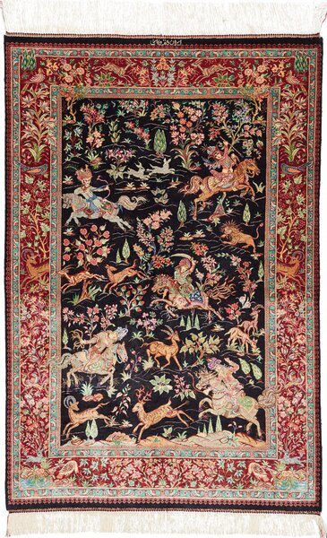 Tappeto Ghom Seta Persia Floreale Nero Rosso 78x117 Cm
