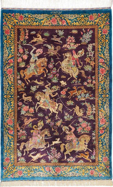 Tappeto Ghom Seta Persia Floreale Viola Turchese 78x120 Cm