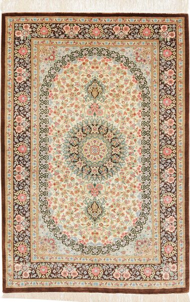 Tappeto Ghom Seta Persia Medaglione Avorio Marrone 78x117 Cm