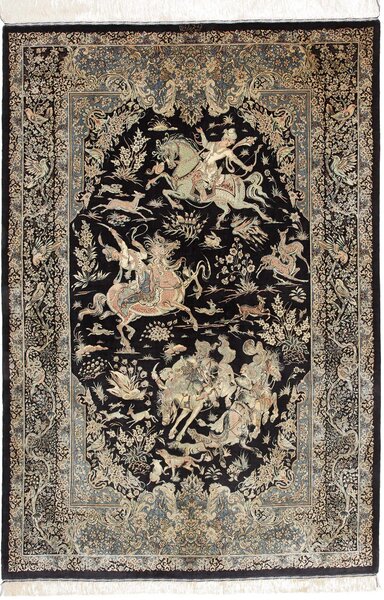 Tappeto Ghom Seta Persia Medaglione Nero Beige 137x202 Cm