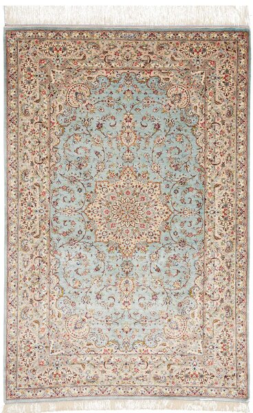 Tappeto Ghom Seta Persia Medaglione Azzurro Crema 100x150 Cm